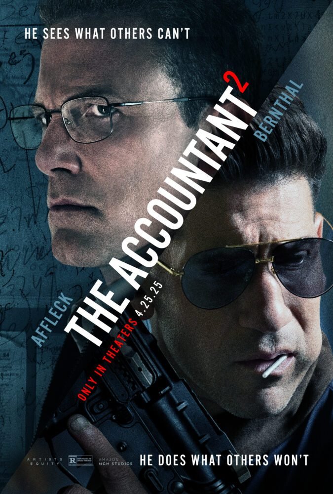 Two faces, one in glasses the other in sunglasses, on the poster for The Accountant 2