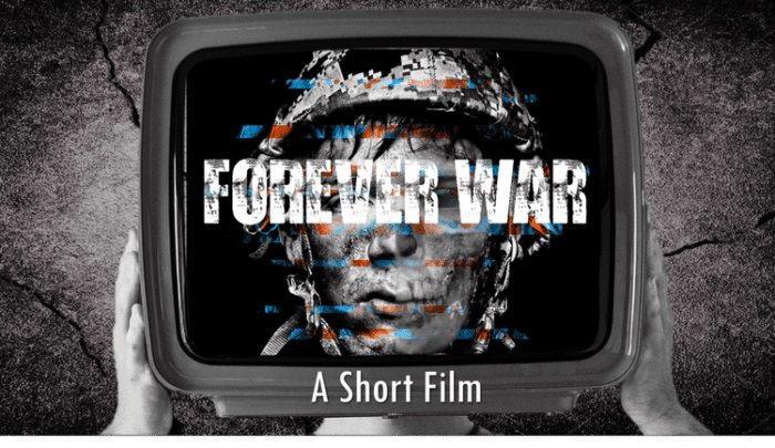 A person holds the edges of a television onto their head where their face is digitized by the display that reads FOREVER WAR