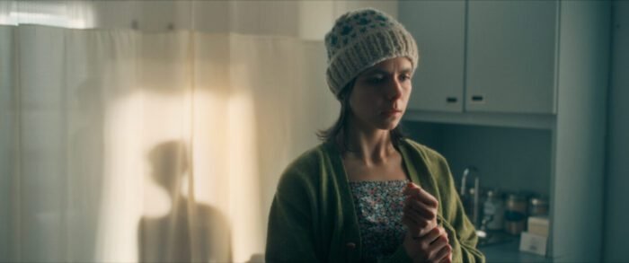the shadow of a boy is seen on a curtain behind a woman facing another direction