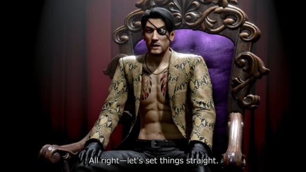 Majima sits in a purple chair addressing the camera, "all right let's sit things straight."