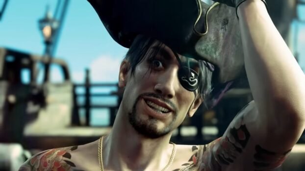 Majima is in his pirate hat, smiling at the camera