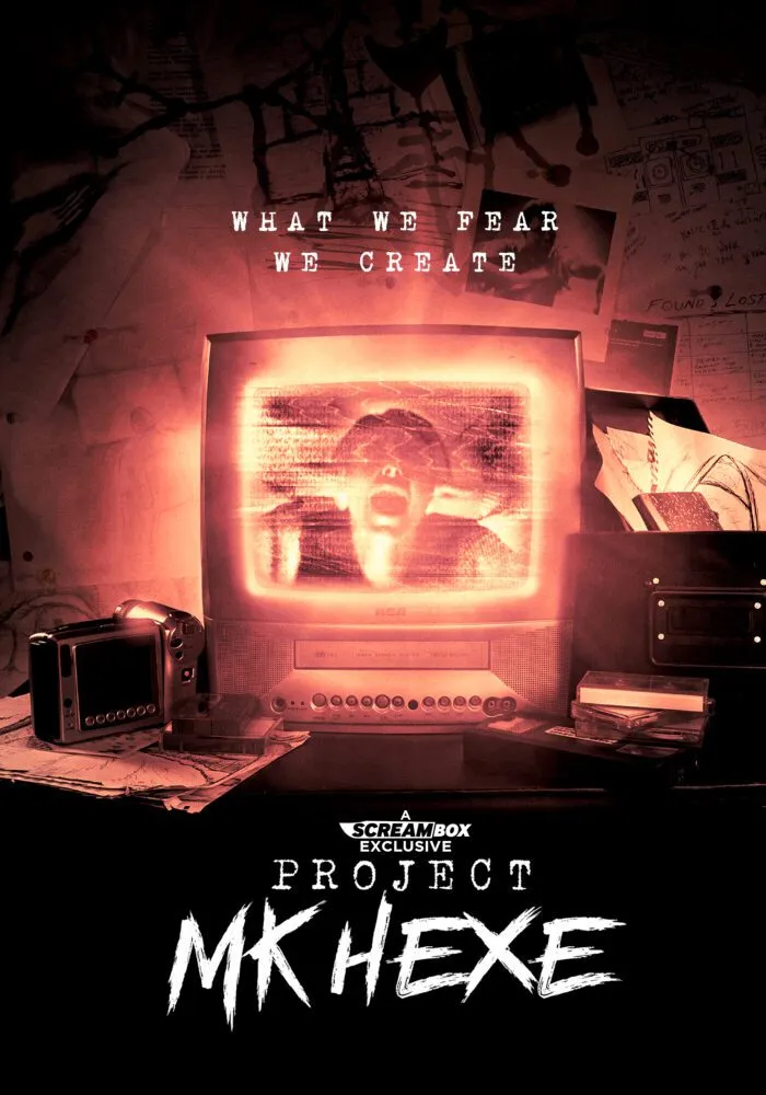 The poster for Project MKHEXE shows an analog television with a man screaming on it soaked in a fiery orange light.