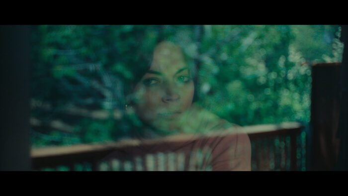 the silhouette of a woman's face is seen in a glass reflection of trees across a patio.