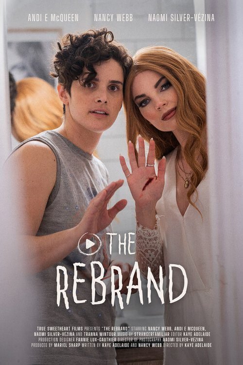 the poster for The Rebrand shows two people waving at the camera, one has blood dripping from a cut on their hand.