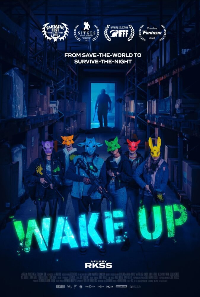 poster for WAKE UP features a group of teenagers in masks standing in a warehouse looking at the camera with their backs to a doorway where a statuesque man is standing.