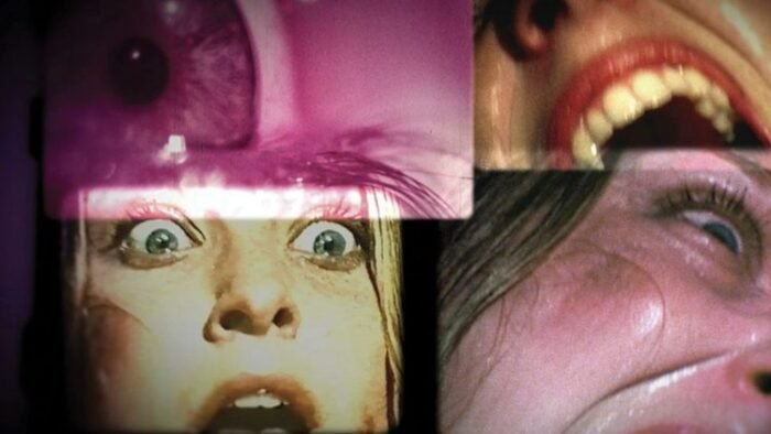 four images of one woman, a pink closeup of her eye, a closeup on her teeth as she screams, a look of horrific shock, and a look of immense terror