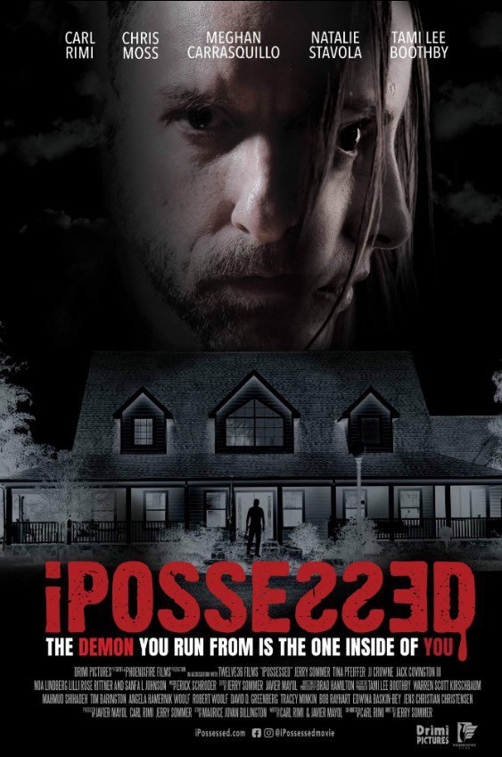 two faces, one looking forward and the other looking right, are seen merged above the film negative of a house with a figure standing on the porch on the poster for iPOSSESSED