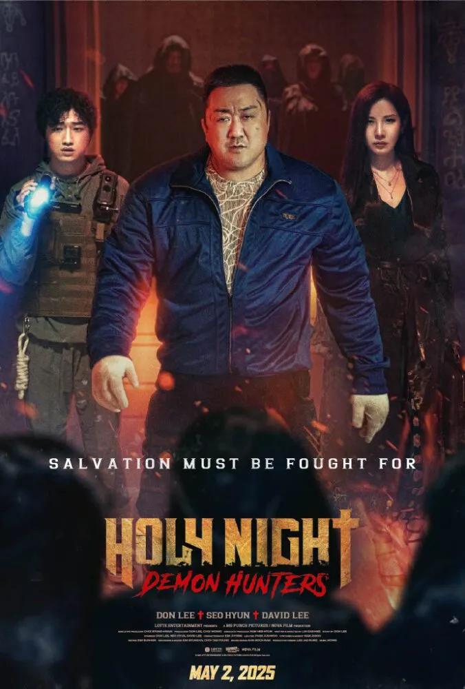 The poster for Holy Night: Demon Hunters shows three people surrounded by shadowy figures