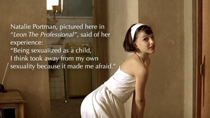 A young girl wearing a white dressed arches her back slightly next to a quote from the actress
