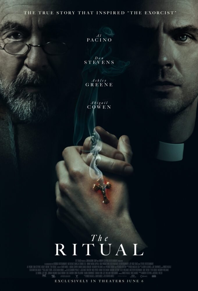 The poster for The Ritual shows the side profiles of Al Pacino on the left and Dan Stevens on the right over two hands clasped in the middle with one of them burning from being touched by a cross.