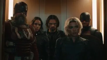 Alexei, John Walker, Ghost, Bucky, and Yelena in an elevator