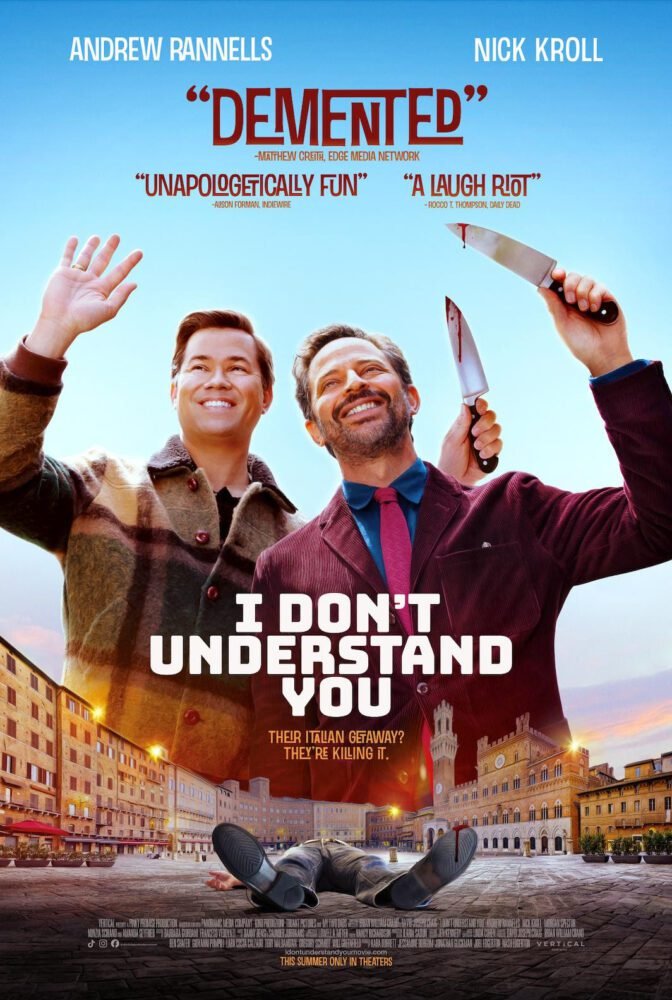 The I Don't Understand You poster shows Rannells and Kroll holding knives and waving over an Italian cityscape and a dead body.
