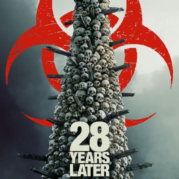 A tower of skulls with the biohazard symbol behind it.