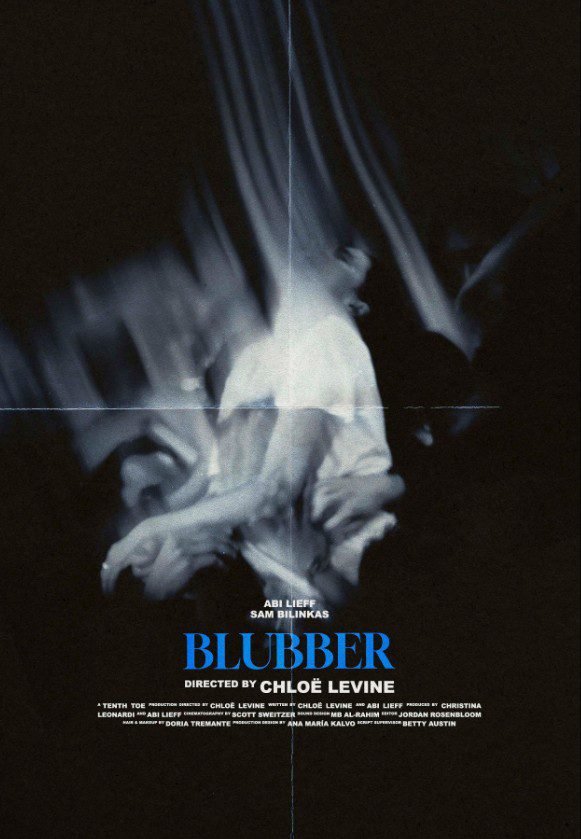 An obscured image of a woman in a white shirt and a lot of hands grabbingher arms and stomach area on the poster for BLUBBER