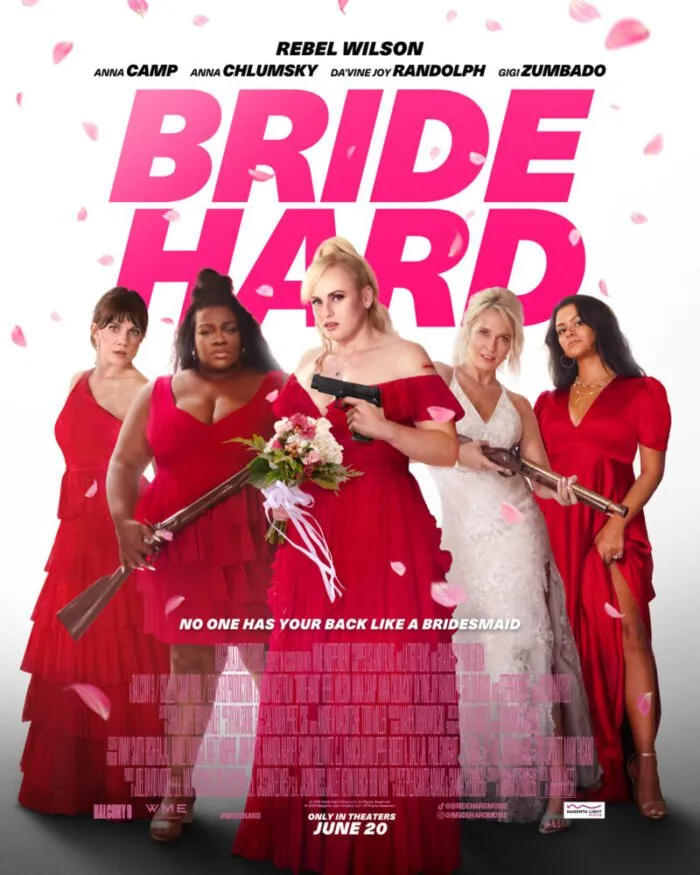 The Bride Hard poster shows the cast in their dresses holding weapons as confetti falls.