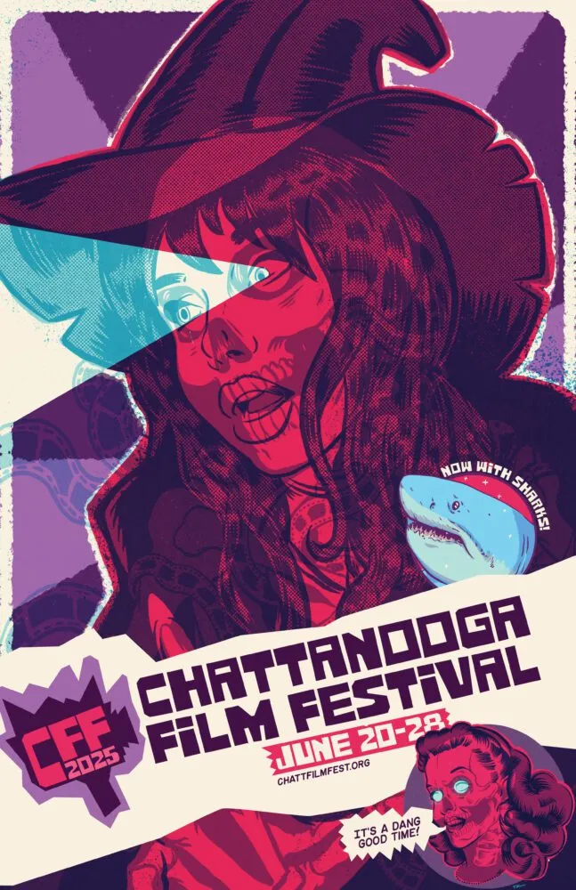 The poster for The Chattanooga Film Festival (CFF25) shows a decrepit woman in a witches hat and a light projecting from her left eye.