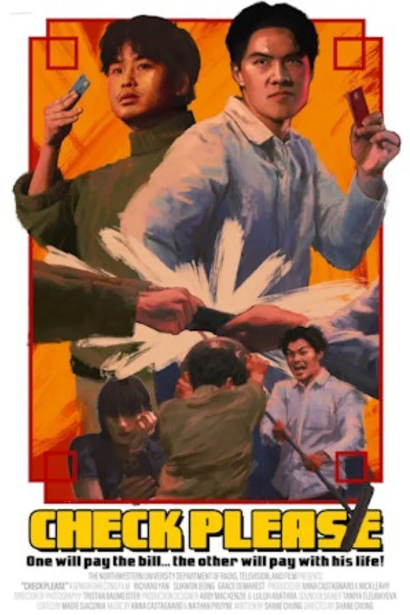 two men holding credit cards stand above a scene of them fighting underneath on the poster for CHECK PLEASE