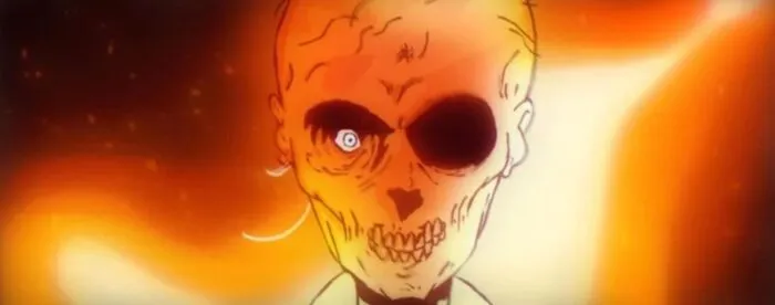 An animated skull with something in it's right eye