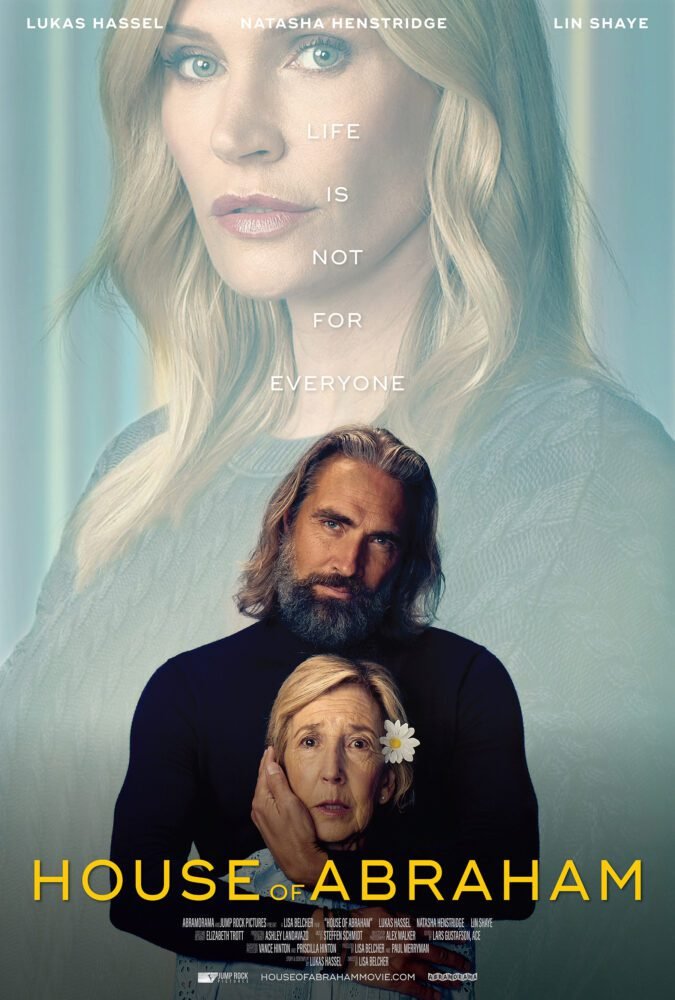 The poster for House of Abraham shows the silhouette of a woman over the figure of a man and an older woman in an awkward pose, looking tender, but fear in the eyes of the woman says otherwise.