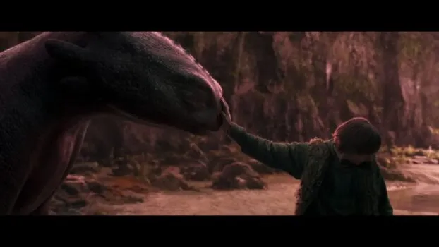 Hiccup rests his hand on Toothless' nose