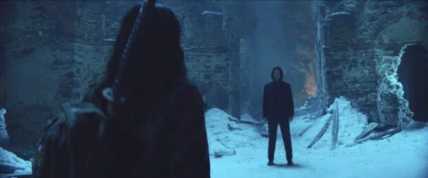 Eve faces down John Wick in a snowy fortress
