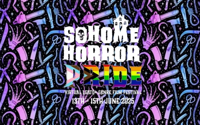 The banner for Soho Horror Pride 2025 shows pink and blue ropes, axes, and chainsaws behind the festival's rainbow logo.