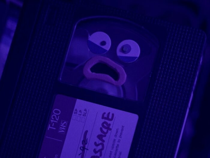 An animated videotape looks scared