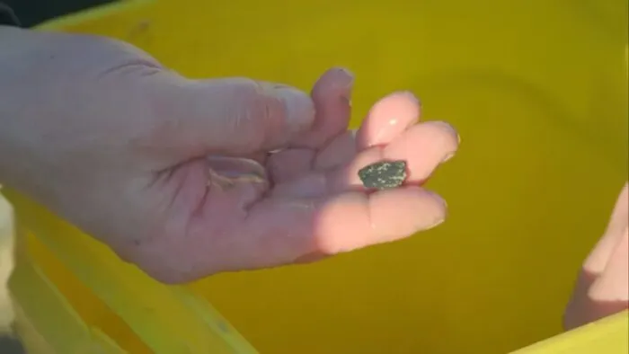 Travis holds a black shale-like material from inside the Mesa