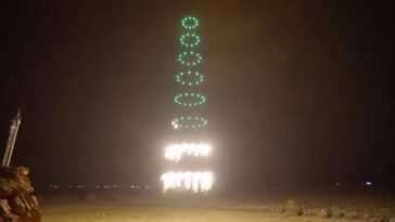 The pyro drones light off row by row