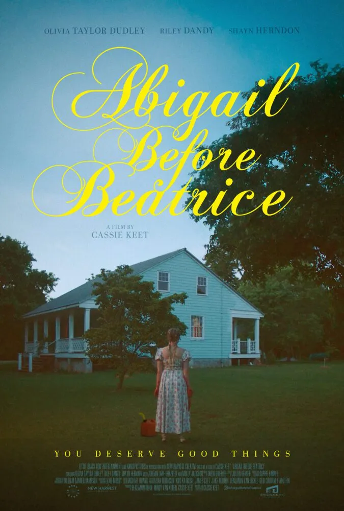 The poster for Abigail before Beatrice shows a woman with bloody hands standing beside a gas cannister in front of a farmhouse. 