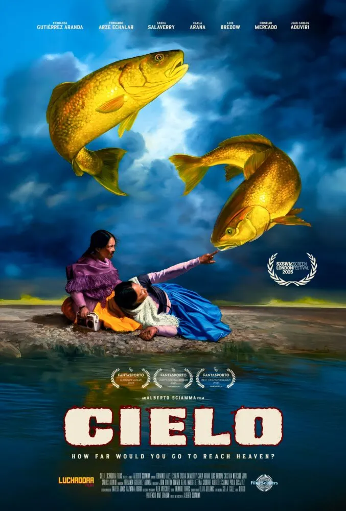 The poster for Cielo showing two fishes dancing in the sky and a mother and her daughter attempting to touch them from the lakeside they are seated near.