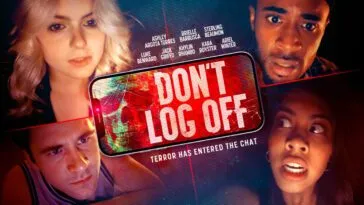 faces in each corner and a phone in the center provide the key art for Don't Log Off.