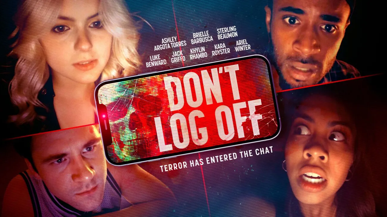 faces in each corner and a phone in the center provide the key art for Don't Log Off.