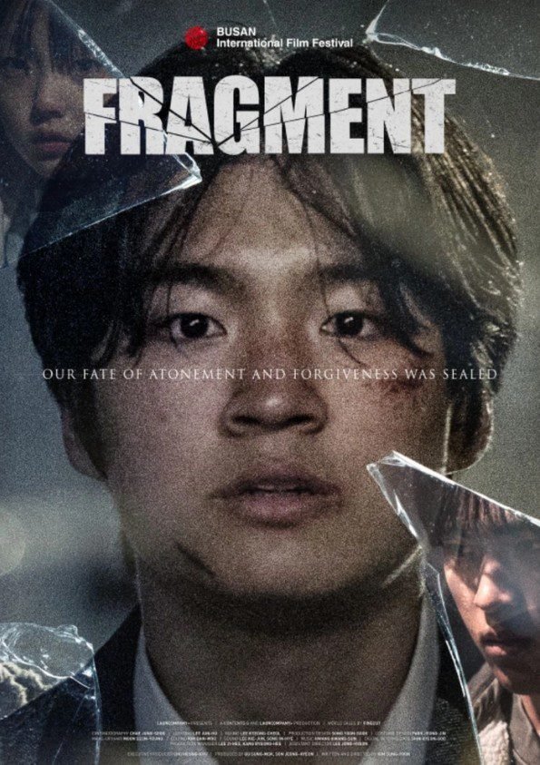 The poster for FRAGMENT shows a boy's roughed-up face with pieces of glass surrounding him with various images on them.