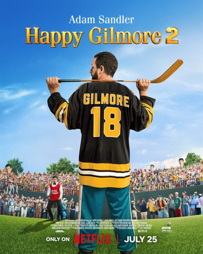 The poster for Netflix's Happy Gilmore 2 shows a man holding a hockey stick over his shoulders wearing a jersey with the name Gilmore and the number 18 on it, while standing on a golf course with many people watching.