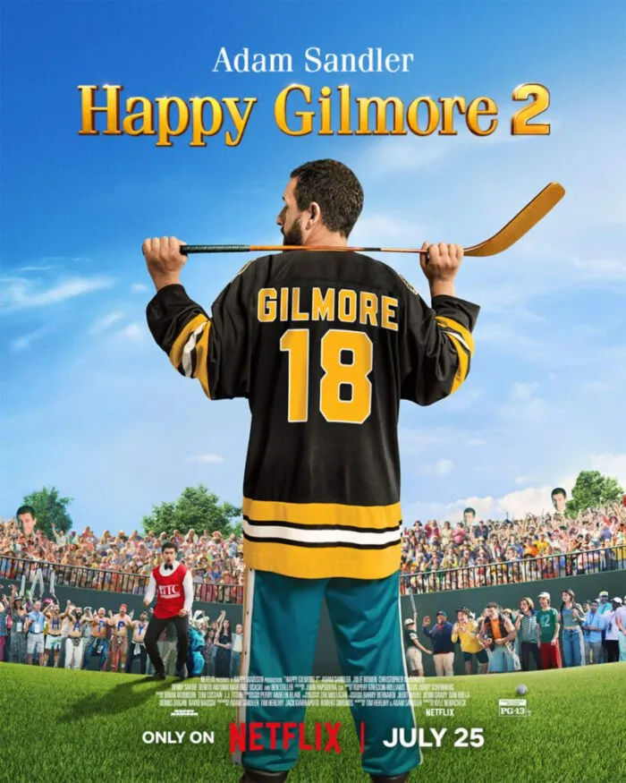 The poster for Netflix's Happy Gilmore 2 shows a man holding a hockey stick over his shoulders wearing a jersey with the name Gilmore and the number 18 on it, while standing on a golf course with many people watching.