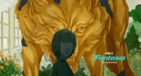 An animated picture of a woman looking toward the camera in front of a giant, gold wolf statue (Death Does Not Exist)