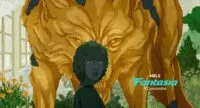 An animated picture of a woman looking toward the camera in front of a giant, gold wolf statue (Death Does Not Exist)