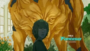 An animated picture of a woman looking toward the camera in front of a giant, gold wolf statue (Death Does Not Exist)