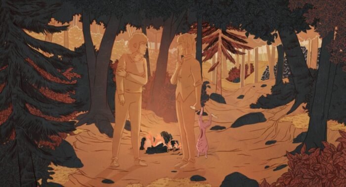 two people talking over a campfire in the woods, one is holding a skinned rabbit