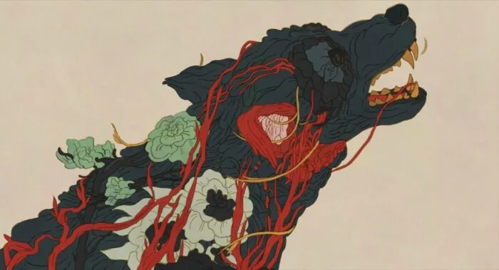 An animated decaying wolf corpse