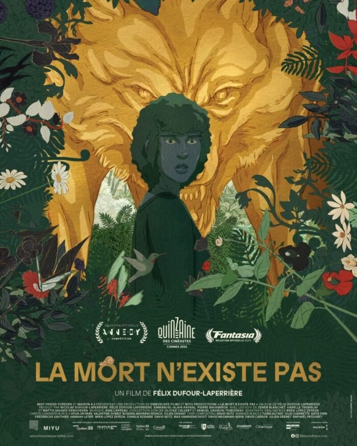 The poster for Animated film Death Does Not Exist where a woman looking toward the camera in front of a giant, gold wolf statue surrounded by shrubbery