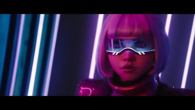 M3GAN's portrait (her face) in front of a neon backdrop with her wearing glasses and a pink dim to her.
