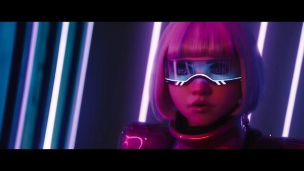 M3GAN's portrait (her face) in front of a neon backdrop with her wearing glasses and a pink dim to her.