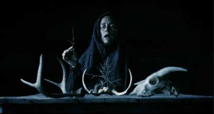 a woman shrouded in a headdress chants and performs a ritual over bones laid along a table (Mother of Flies)
