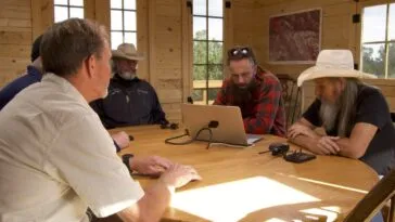 James Keenan, Eric Drummond, Duane Ollinger, Chad Ollinger and Charlie Snider review security video of a thief on the ranch.