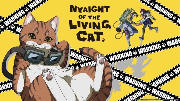 The Nyaight of the Living Cat poster shows a cat with goggles lounging on the left and two people running away in the background on the right, caution tape crisscrossing in between.