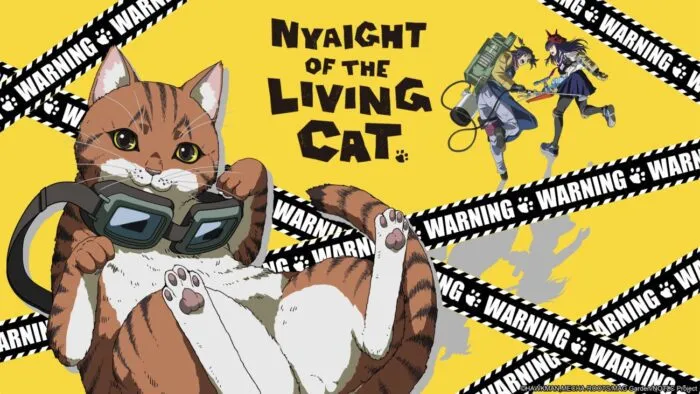 The Nyaight of the Living Cat poster shows a cat with goggles lounging on the left and two people running away in the background on the right, caution tape crisscrossing in between.