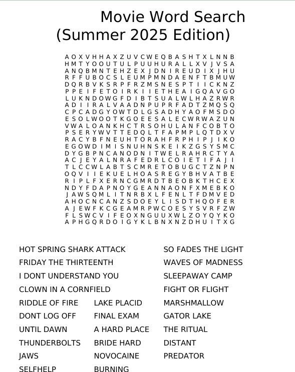 A word search with movie title clues!