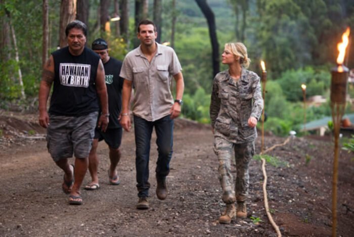 Four people walk down a dirt trail in the film Aloha.